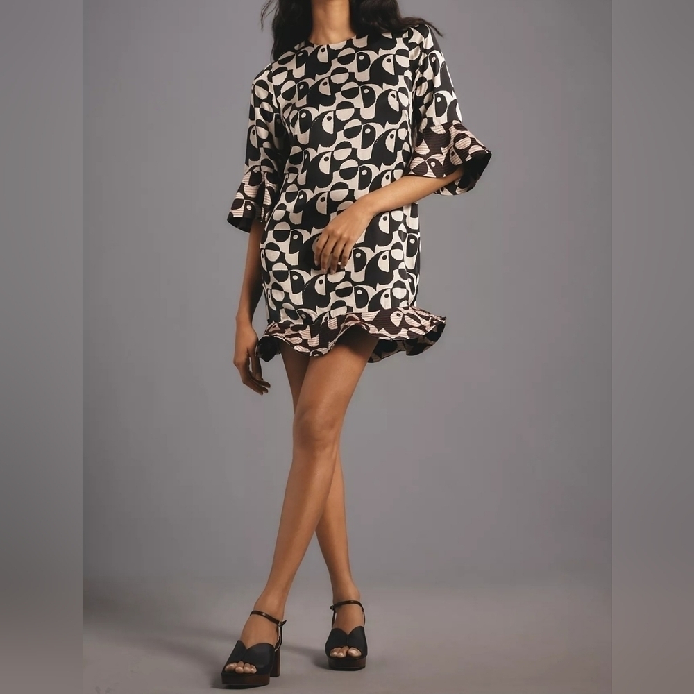 Farm Rio x Anthropologie Geo Toucan Mini Dress, Flutter Cuffs & Hem, Black White